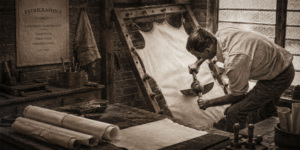 man making parchment in workshop